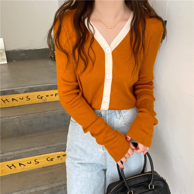 Áo khoác cardigan Pure Cube dài tay cổ chữ V màu sắc tương phản phong cách Hàn Quốc cho nữ