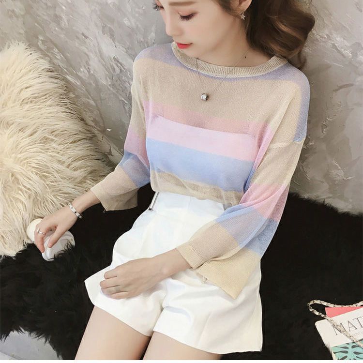 Áo Thun Nữ Dài Tay Cổ Tròn Sọc Ngang Thời Trang Hàn