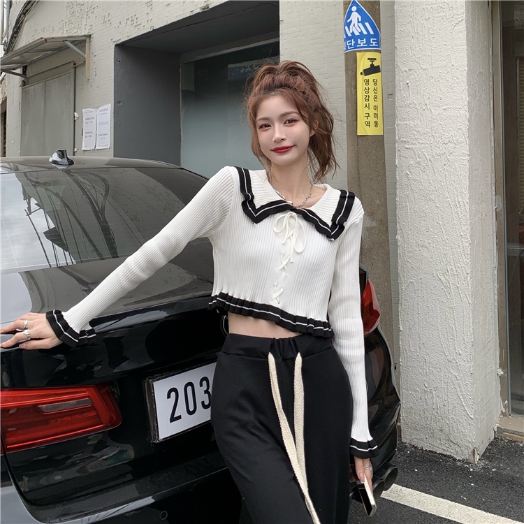 【ZHELIHANGFEI】 / Áo Sweater Dệt Kim Cổ Búp Bê Dáng Ôm Thiết Kế Cột Dây Kiểu Retro Thời Trang Xuân Hè Cho Nữ