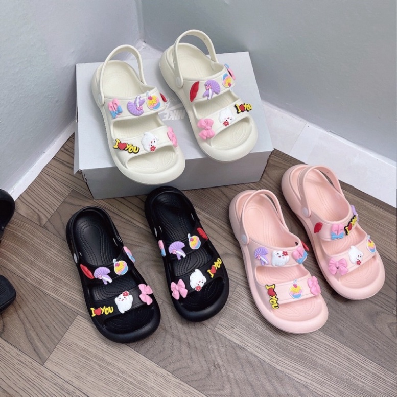 Free Ship Dép sandal nữ 2 quai ngang gắn sticker, dép quai hậu nữ siêu nhẹ đi biển đi chơi đi học