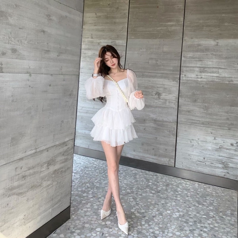 Váy liền thân xoè 2 tầng cổ tay dài bồng nhẹ nhàng dễ thương