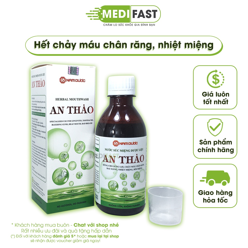 Nước súc miệng An Thảo từ thảo dược phòng các bệnh răng miệng từ vỏ cau, tinh dầu bạc hà, đinh hương