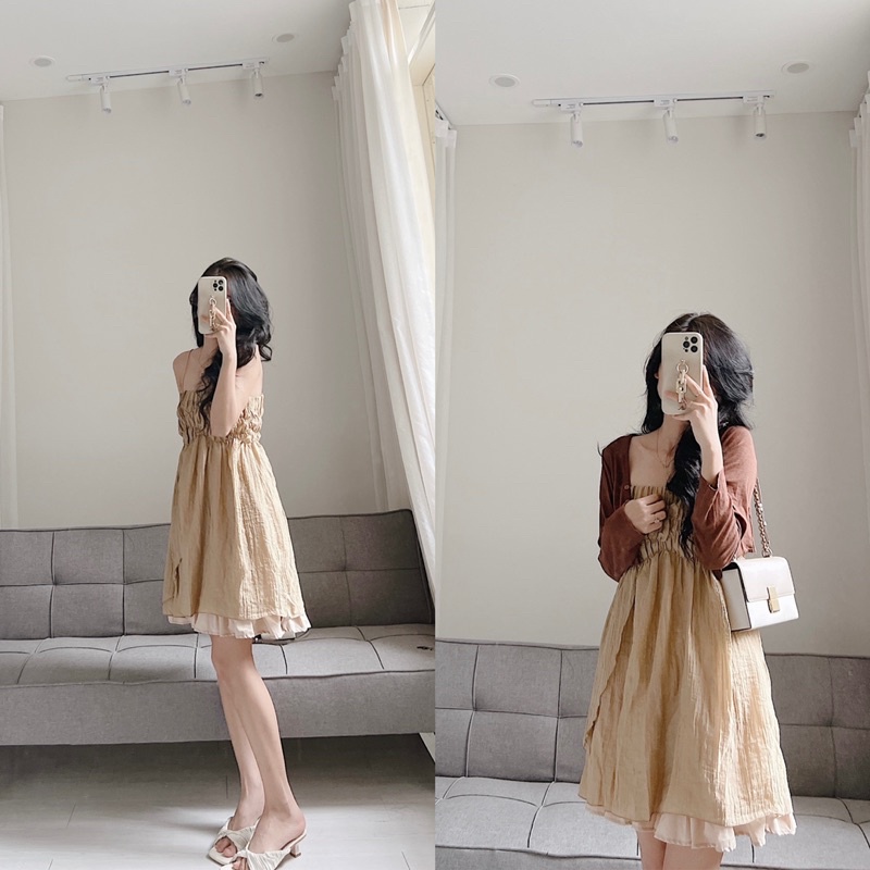 Set váy dây kèm áo cdg tone nâu be siêu hàn quốc Samhyewear