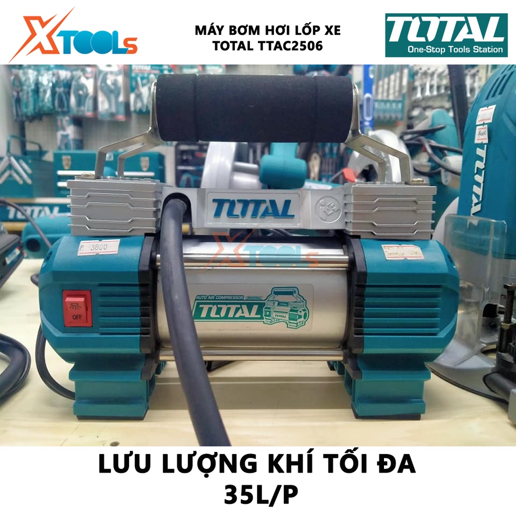 Máy bơm hơi lốp xe ô tô Total TTAC2506  | máy nén khí mini áp suất tối đa 110 psi. lưu lượng khí, đường kính xilanh: 30m