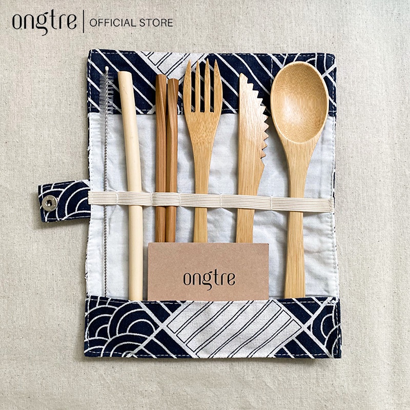 Set 7 món Tre (dao, muỗng, nĩa, đũa, cọ rửa, túi vải) du lịch tiện lợi (Bamboo Travel Utensil Pouch) | ongtre® (Vietnam)