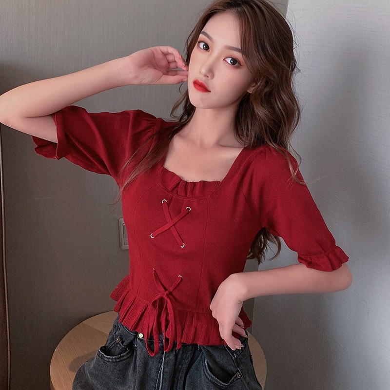 Áo Dệt Kim Tay Ngắn Cổ Chữ U Màu Trơn Đơn Giản Dễ Phối Đồ Cho Nữ