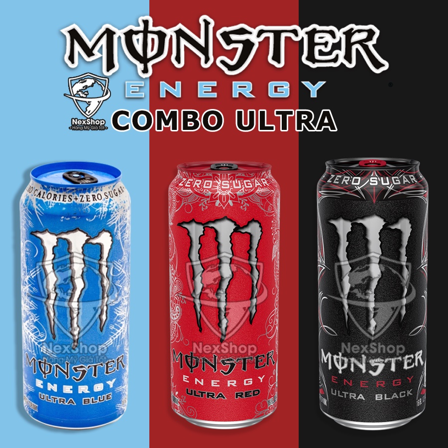 COMBO Set 3 Lon Monster Blue/ Red/ Black Ultra Không Đường 473ml Mỹ