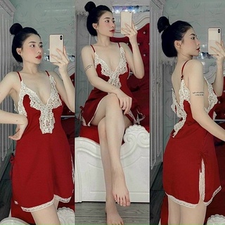 Đầm ngủ satin phối ren- đầm ngủ sexy kèm quần form 40-60kg