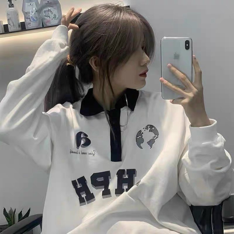 Áo Sweater Cổ Polo AHPH 🦋 Áo Thun Cổ Bẻ Dài Tay Nỉ Da Cá Dáng Rộng 🦋