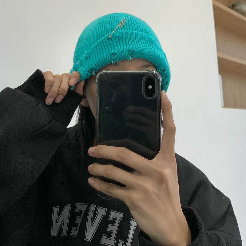 Mũ len cài ghim phối rách phong cách hip hop Hàn Quốc thu đông cho nam nữ mùa thu đông 22121