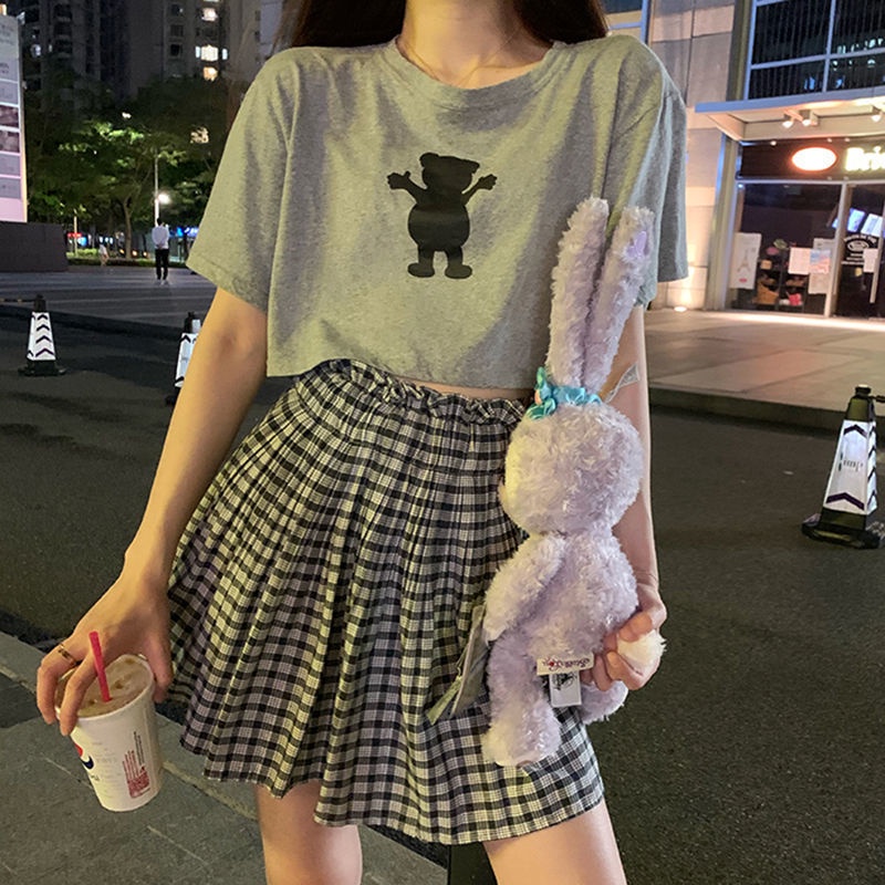 Set Áo Thun Ngắn Tay + Chân Váy Lưng Cao Họa Tiết Sọc Caro Thời Trang Mùa Hè