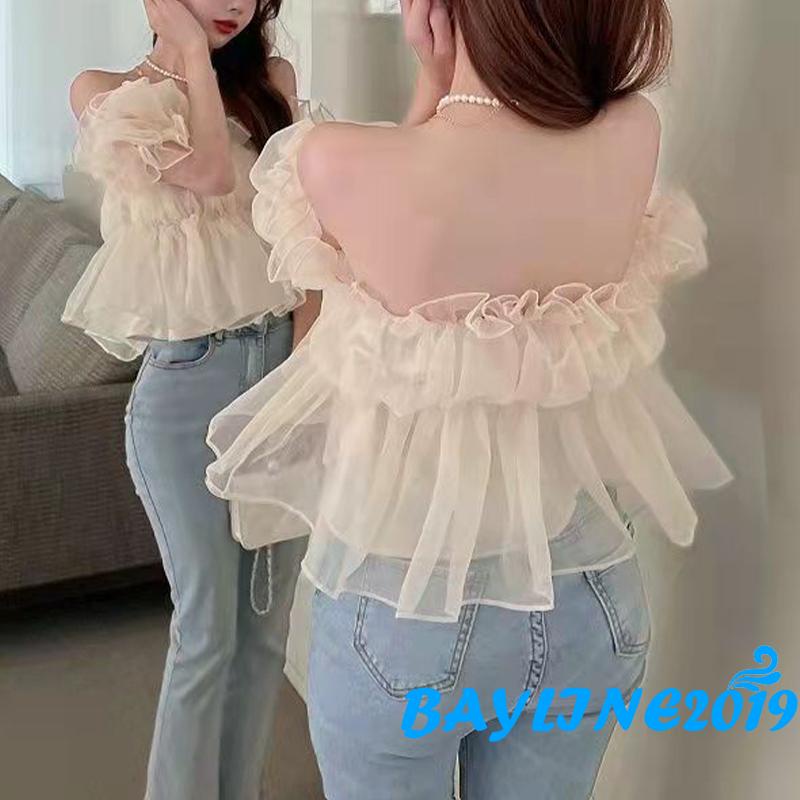 Bay-Women Off Shoulder Blouse, Spring &amp; Summer Solid Color Short Puff Sleeve Pullover