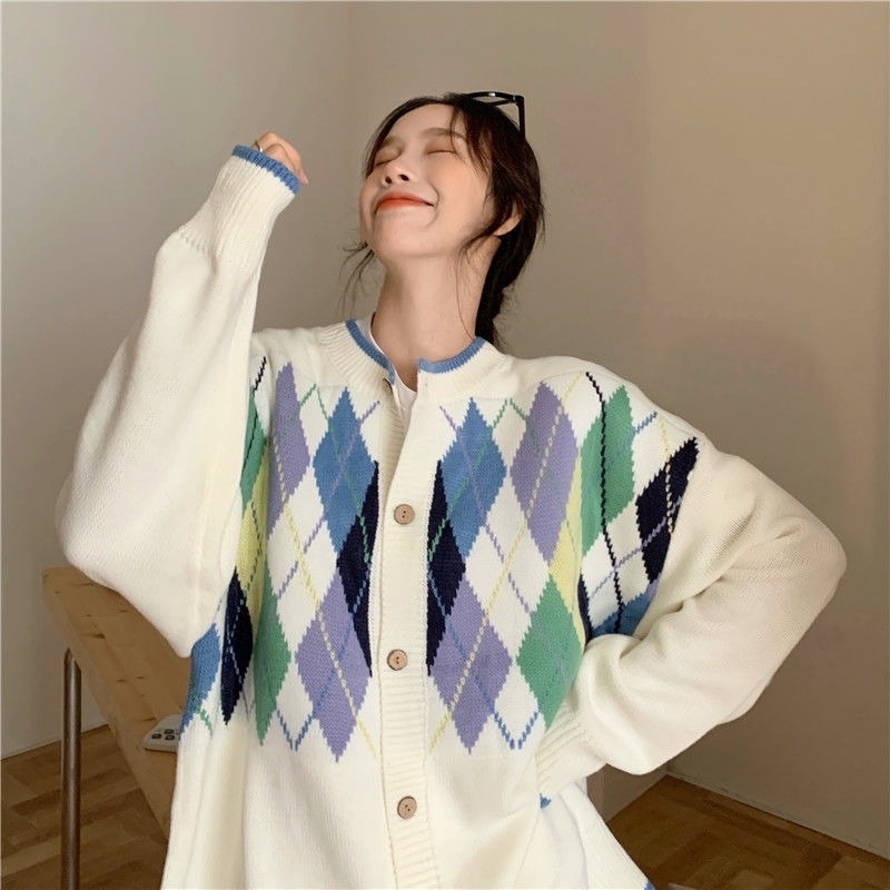Áo khoác Cardigan dệt kim dáng rộng họa tiết kim cương xanh lá thời trang cho nữ