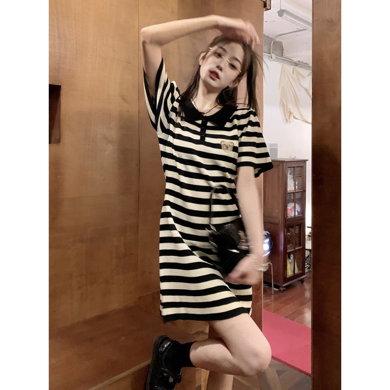 【ZHELIHANGFEI】Đầm Thun POLO Ngắn Tay Họa Tiết Sọc Thời Trang Dành Cho Nữ