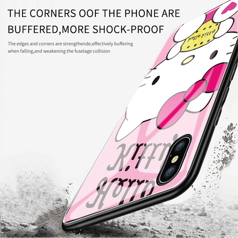 Samsung Galaxy A8 A9 A7 A6 A6+ A8+ 2018 Plus Pro 2019 A9S Star A8S A730 A750 A530 Phone Case Cartoon Hello Kitty Cute Kitty Cat Casing for Glossy Tempered Glass Back Hard Cover Shockproof Cases Ốp điện thoại kính cường lực In Hình cứng Ốp lưng cho