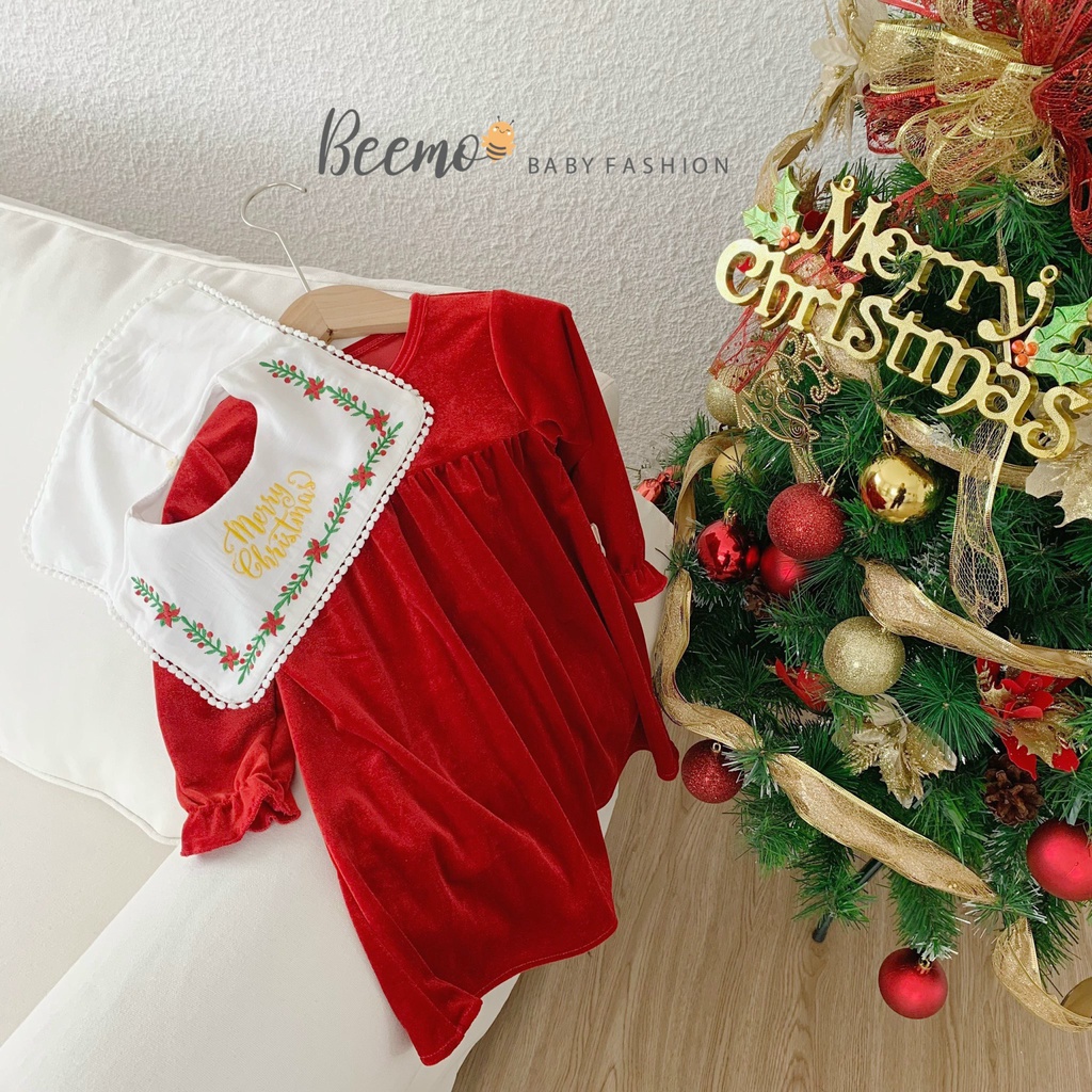 Váy nhung noel Beemo cho bé gái, đầm bé gái chất liệu váy babydoll nhung mềm hoạ tiết Noel hoa nhún bèo