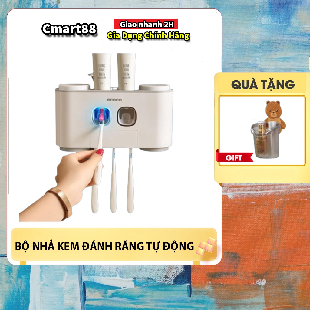 Nhả kem đánh răng tự động ECOCO dán tường chịu nước siêu chắc chắn, Bộ treo bàn chải đánh răng cao cấp tặng kèm cốc gấu