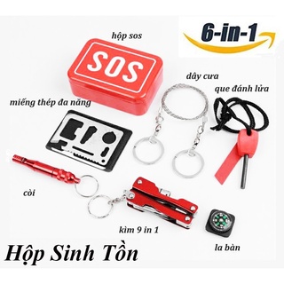 Hộp sinh tồn SOS gồm 7 món (Kìm đa năng+ Dây Cưa + Còi + La Bàn + Đánh Lửa + Thép Đa Năng + Hộp Đựng) Phụ kiện phượt thủ