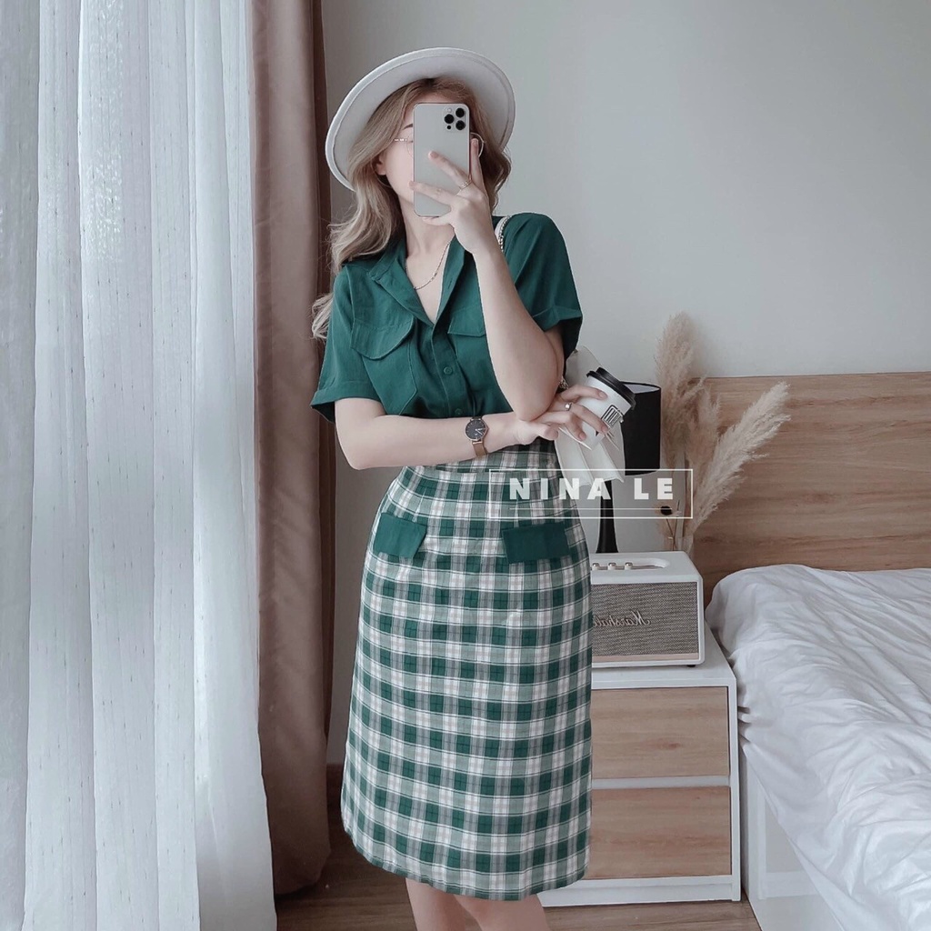 Set váy 2 món áo sơ mi form rộng ngắn tay có khuy kèm chân váy ôm body có túi, chất vải umi cao cấp