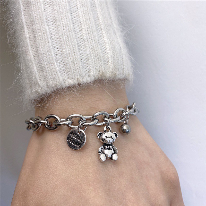 Vòng đeo tay bằng thép titan hình gấu / chữ cái dễ thương cổ điển