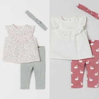 [Rẻ Vô Địch] Set 3 chi tiết kèm băng đô HM cho bé gái 1-6t (áo tay bèo, quần legging, băng đô)