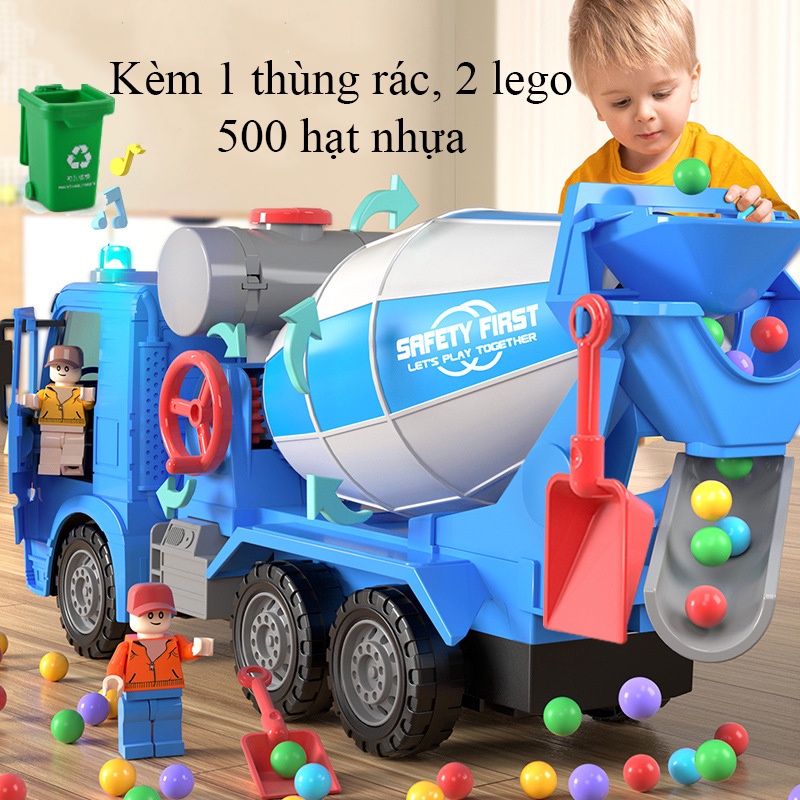 Đồ Chơi Xe Trộn Bê Tông Có Nhạc Và Đèn, Quay Được Vòng Kèm Hạt Đậu, 2 Hình Người, Thùng Rác