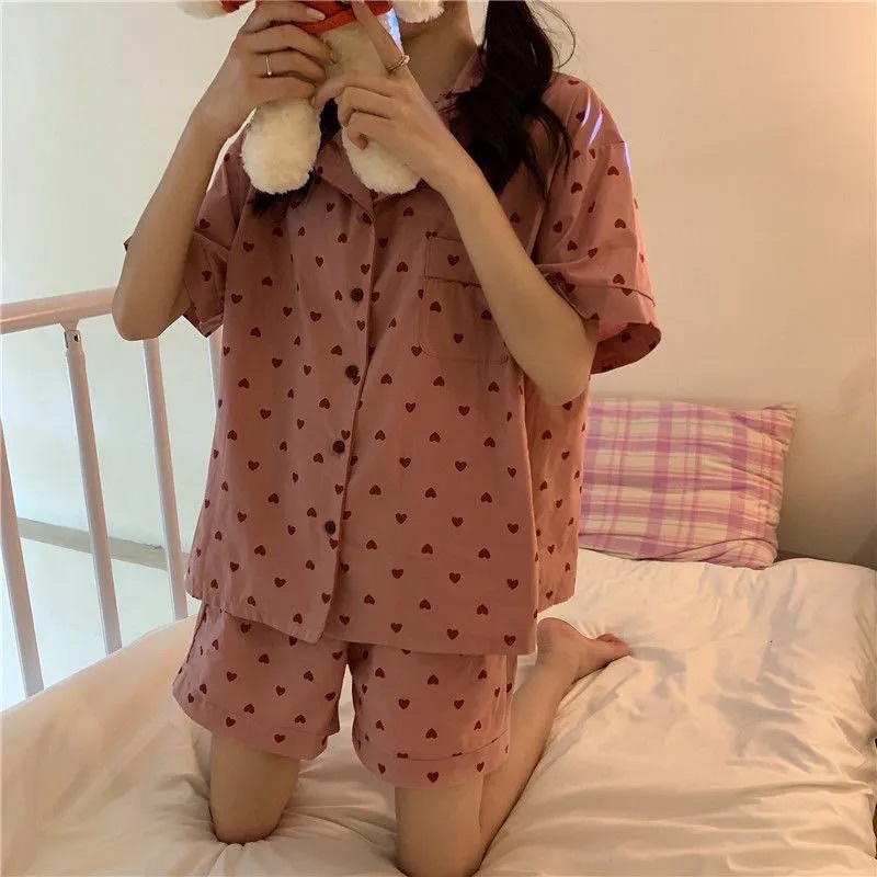 Bộ Đồ Mặc Nhà Pyjama, Quần Áo Ngủ Nữ Hoạ Tiết Trái Tim Hồng Chất Liệu Cotton Hàn Co Dãn Thoải Mái Phong Cách Hàn Quốco