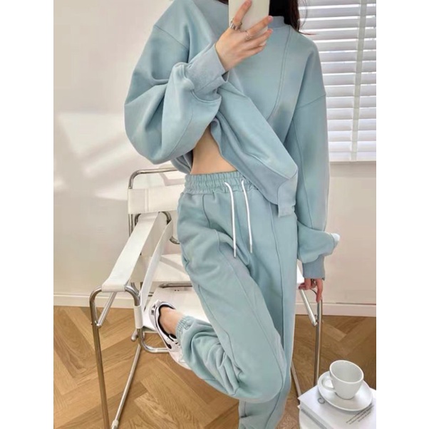 Set Nỉ Trơn Lệch Vạt Màu Xanh NữBộ đồ áo Sweater, quần ống boom from rộng