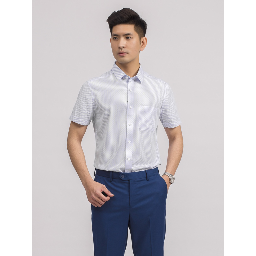 Áo Sơ Mi Nam Ngắn Tay ARISTINO ASS055S9 Somi Công Sở Cao Cấp màu Trắng kẻ ô xanh Vải sợi tre Dáng suông tà bằng có túi