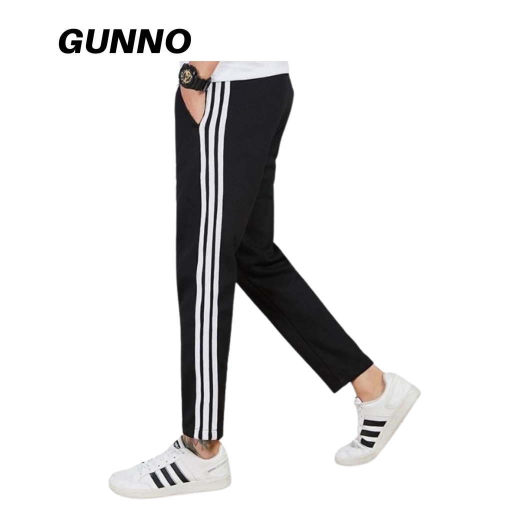 Quần Thể Thao Nam Ba Sọc Nỉ Dày Dặn GUNNO Nam Thu Đông Co Giãn Ống Suông ,Ống Bo
