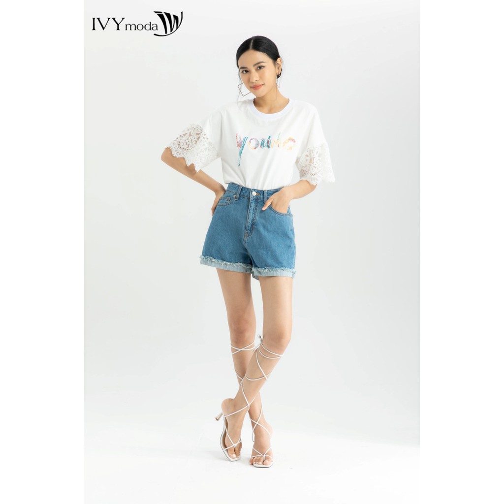 [NHẬP WABRTL5 GIẢM 10% TỐI ĐA 50K ĐH 250K ]Quần sooc jeans nữ gấu tua rua IVY moda MS 23B8030