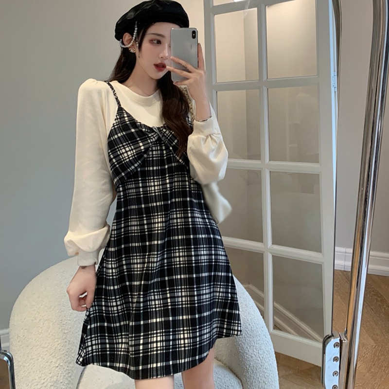 Đầm mini giả hai mảnh tay phồng họa tiết kẻ sọc phong cách retro Hàn Quốc cho nữ