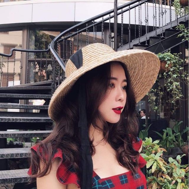 Mũ cói lồng đèn đầu vuông nơ dây dây buôc siêu xinh