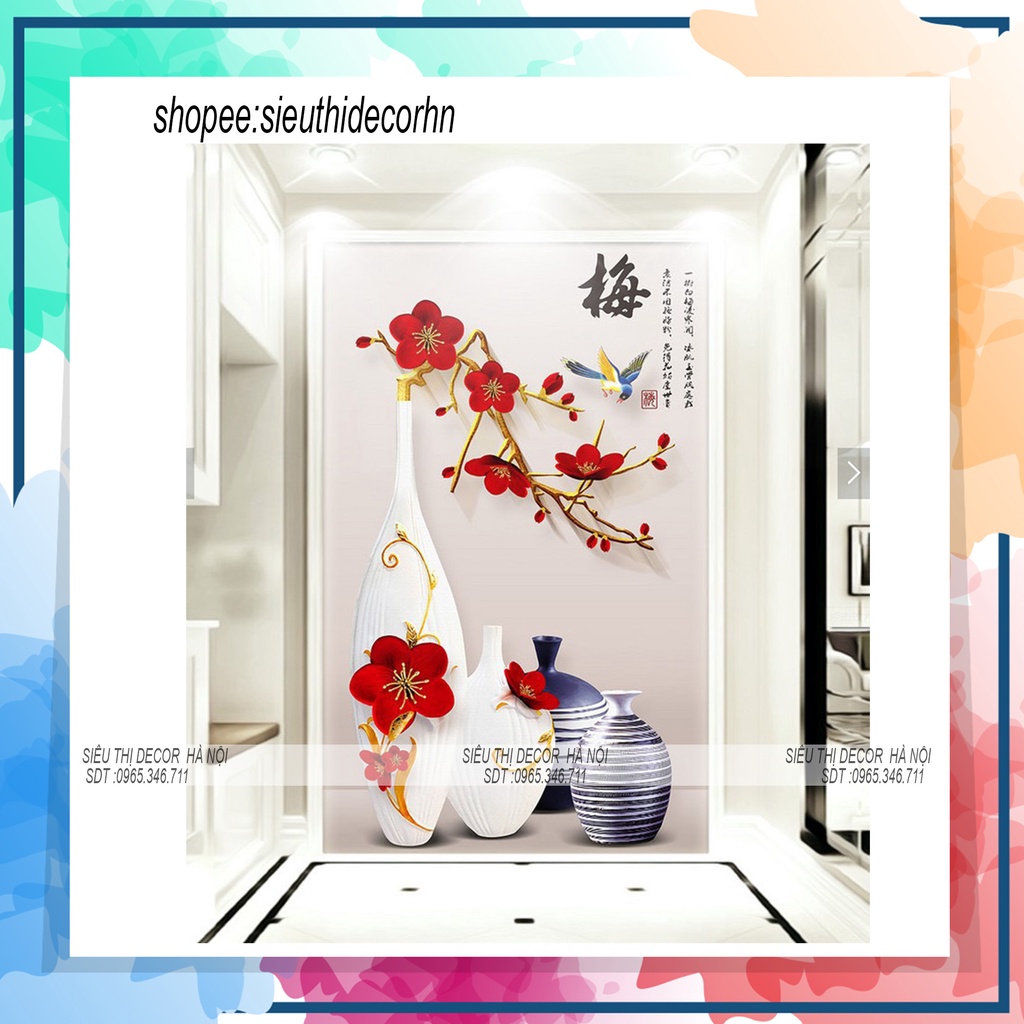 Decal dán tường phòng ngủ BỘ 4 BÌNH ĐÀO ĐỎ GS9385. Đề can dán tường Hàn quốc kích thước 60x90cm
