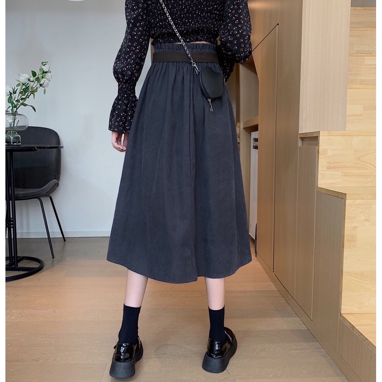 Chân váy nhung tăm dài lưng chun vạt lệch kèm đai Vintage - Lumii