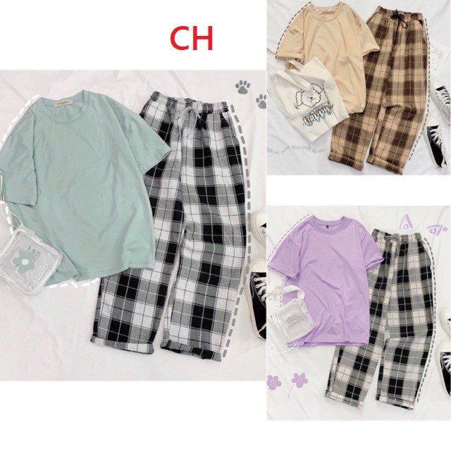 Sét áo phông Trơn + quần kẻ☝áo kiểu unisex from thụng chất đẹp☝quần lưng thun vải thể thao chất thể thao☝mát mẻ☝
