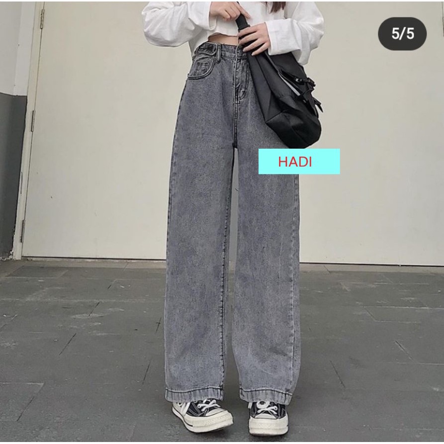 QUẦN JEAN ỐNG RỘNG NỮ LƯNG CAO MÀU XÁM LAI CUỐN PHONG CÁCH HADI CỰC BỤI-TD043