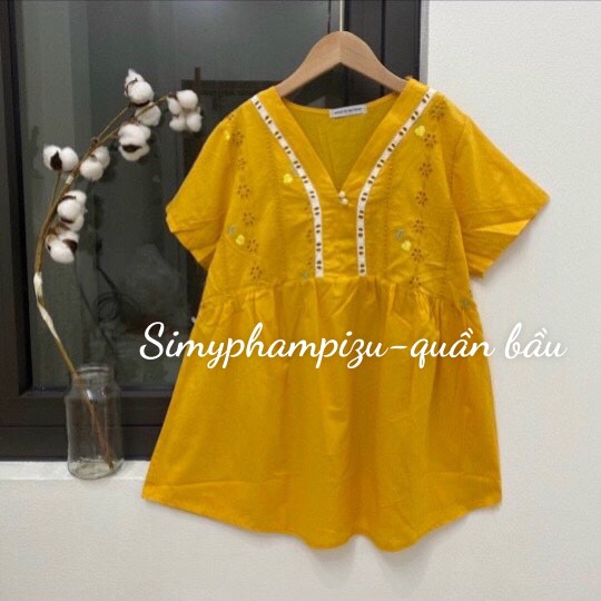 Áo bầu họa tiết hoa có viền A096( kèm ảnh thật)