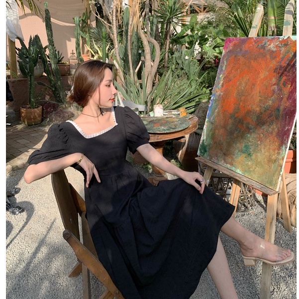 Đầm dáng xòe midi hở lửng tay ngắn Emilyshop