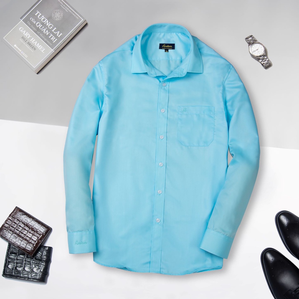 Áo Sơ Mi Nam Công Sở Trung Niên Thương Hiệu Anton Xanh Ngọc Trơn Dài Tay Vải Cotton - YA15