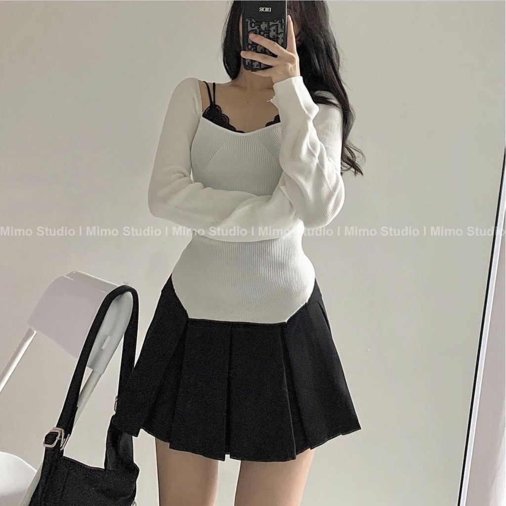 - (MUA TRONG LIVE ĐỂ LẤY MÃ SALE) Quà tặng sinh nhật,bạn gái Set đồ Áo cổ vuông/ Áo bra/ Váy xòe xếp ly