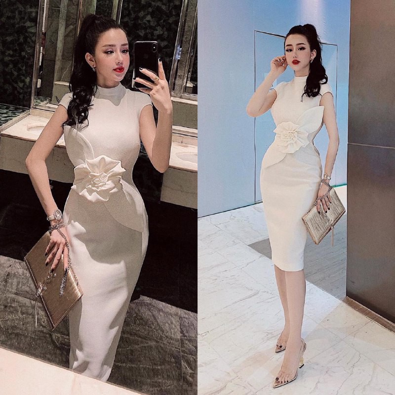 [ xả kho ] MiD Đầm body cao cổ V1267 đính hoa eo Mie Design kèm ảnh thật