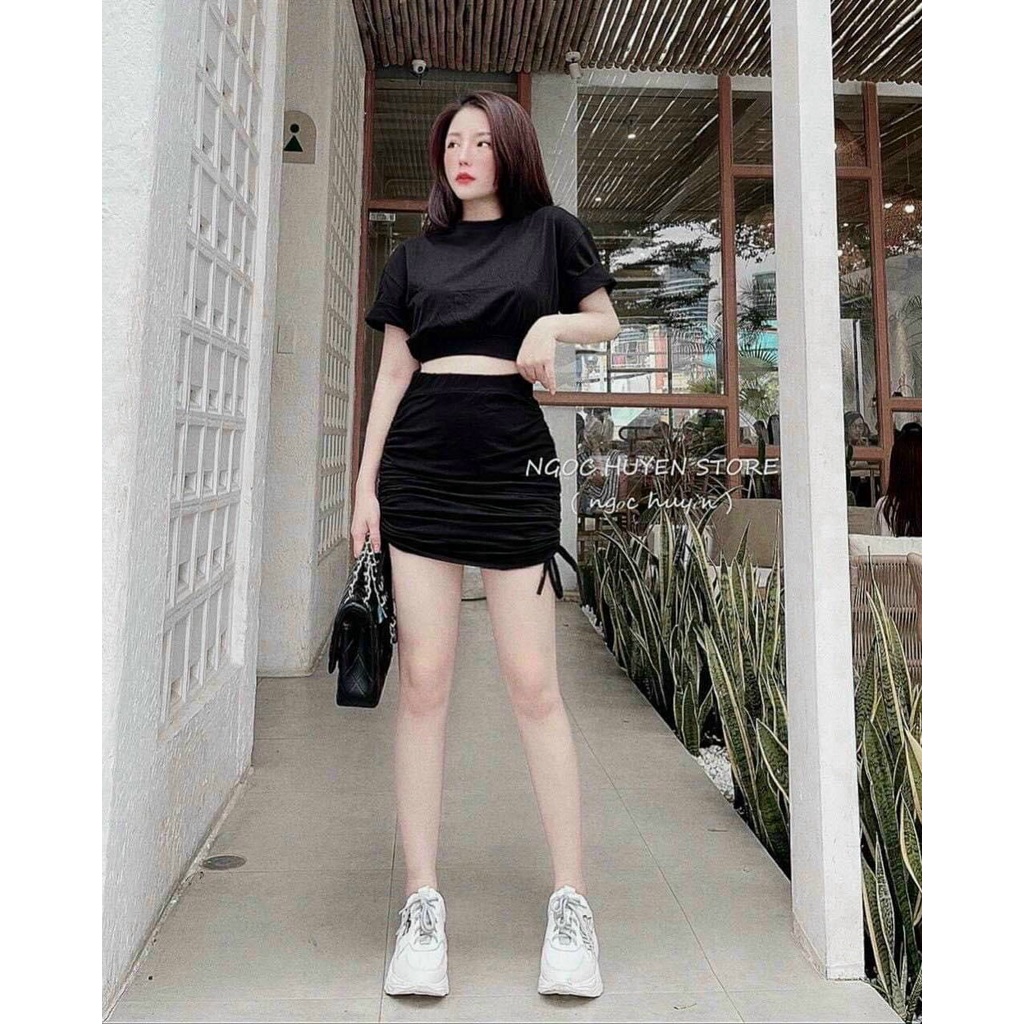 Set body áo cổ tròn mix chân váy rút dây cực sexy dành cho các nàng
