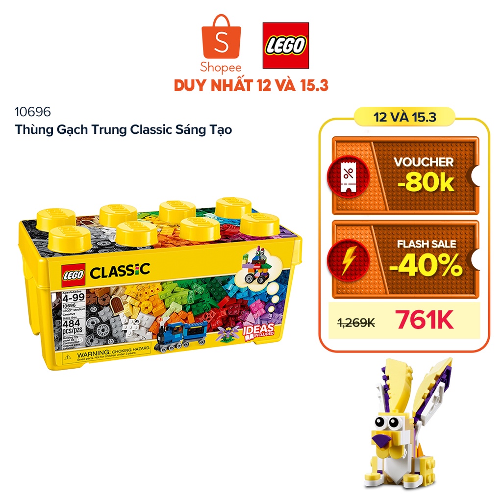 LEGO CLASSIC 10696 Thùng Gạch Trung Classic Sáng Tạo ( 484 Chi tiết) Đồ chơi lắp ráp sáng tạo