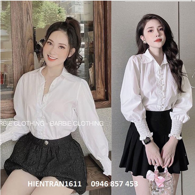 Áo sơ mi kiểu nữ màu trắng dài tay cúc ngọc tay bo chun sang chảnh tiểu thư (Thời trang công sở VIP)