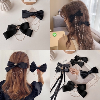 Kẹp tóc nơ đen dài đính ngọc trai thời trang cho nữ
