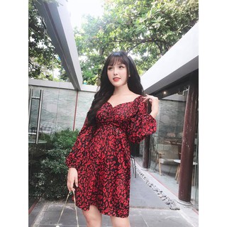Đầm xoè hoạ tiết beo đỏ tay dài
