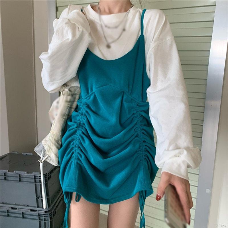 Đầm dáng dài giả hai lớp phối tay dài phong cách Hàn Quốc trẻ trung