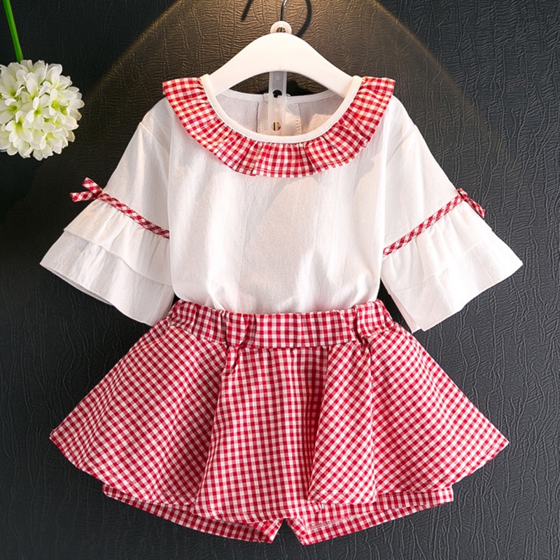 BEAR LEADER Set Đồ Mùa Hè 2 Món Gồm Áo Tay Xòe Cổ Tròn Và Quần Kẻ Sọc Caro Cho Bé Gái