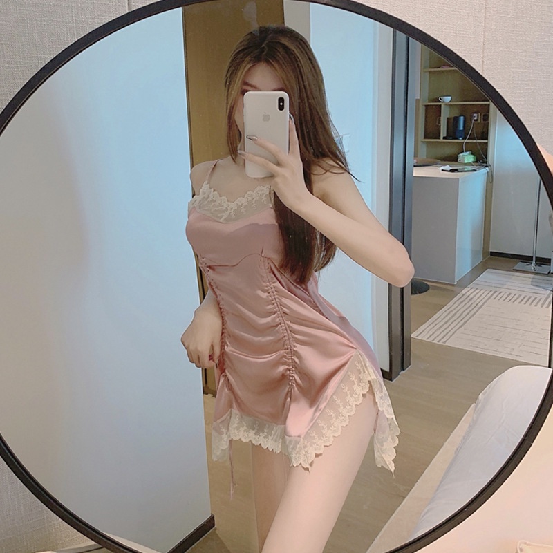 Váy ngủ 2 dây cao cấp nhún eo sexy - đầm ngủ lụa dây rút phối ren gợi cảm